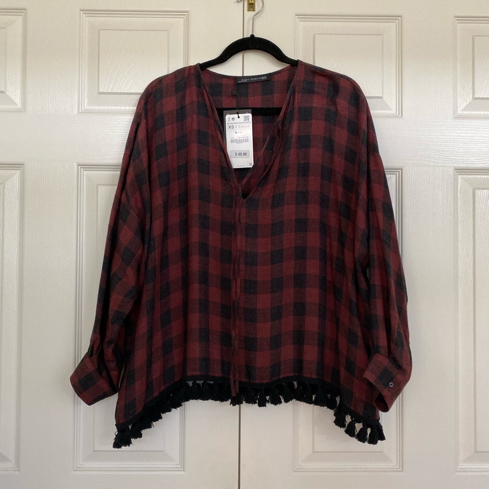 Zara burgundy and black checkered shirt
